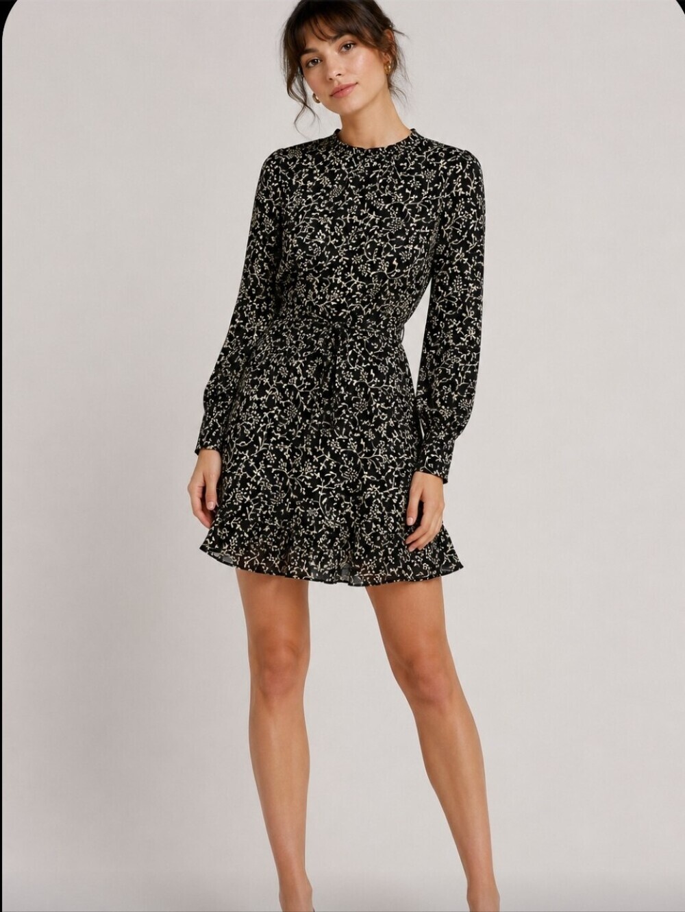Sezane  Floral Tie Waist Long Sleeve Mini Dress Black 36 NWOT